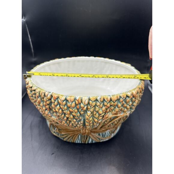 Vintage Wheat Sheath with Bow Ceramic Planter Majolica Style 8.5 Inches China - Picture 9 of 10